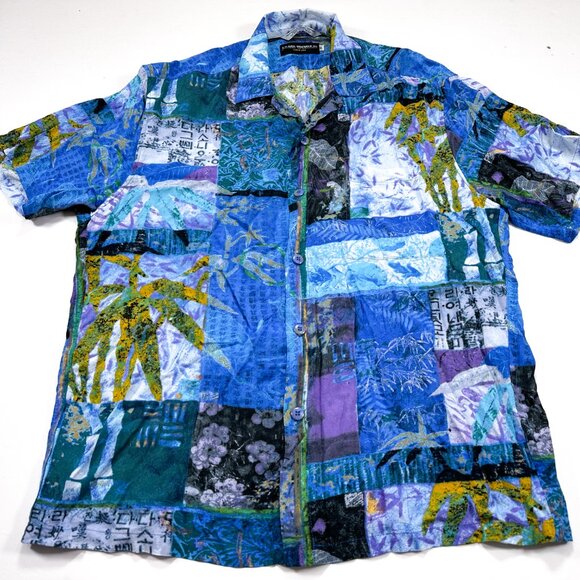 Jams World M Asian Fusion Blue Short Sleeve Hawaiian Rayon Shirt - Picture 2 of 4